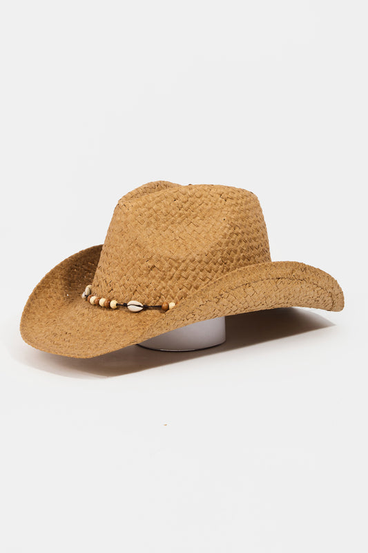 Beaded Cowrie Shell Straw Weave Cowboy Hat