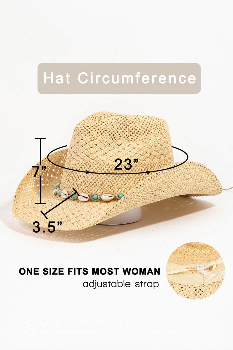 Straw Braided Cowrie Shell Cowboy Hat