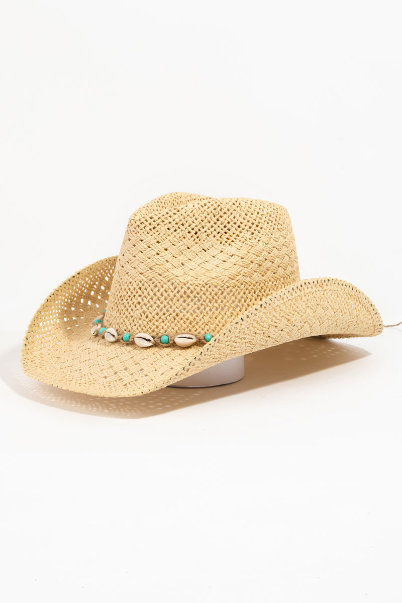 Straw Braided Cowrie Shell Cowboy Hat