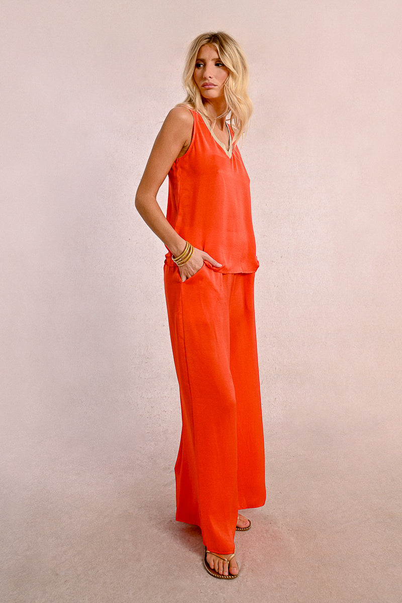 Metallic Trim Red Coral Sleeveless Top Full View Pizzazz Beloit 