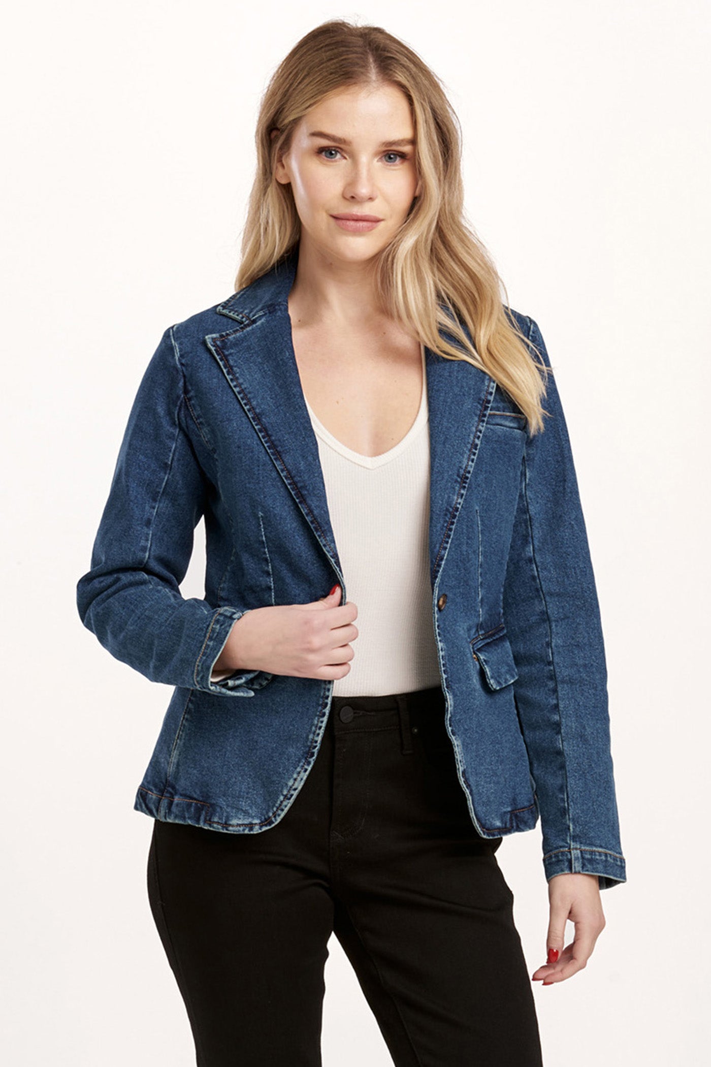 Minah Denim Blazer Front View Pizzazz Beloit