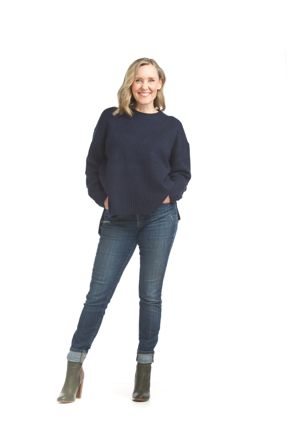 Navy Ribbed Detail Extended Sleeve Sweater Pizzazz Beloit