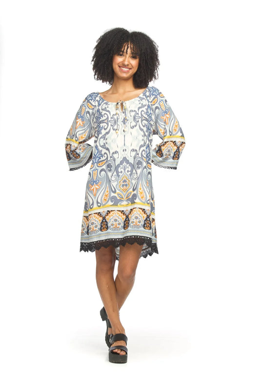 Lace Trim Global Border Print Midi Dress