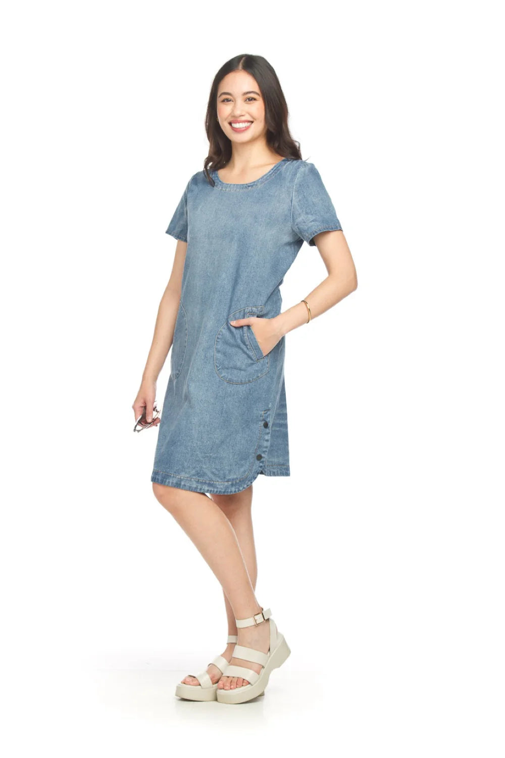 Round Hem With Button Accent Denim Dress