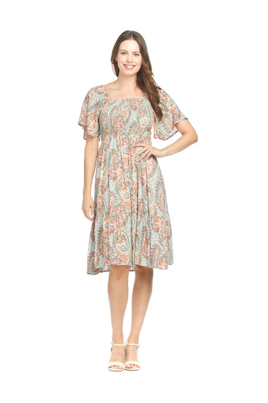 Blue Paisley Smocked Off the Shoulder Puff Sleeve Dress