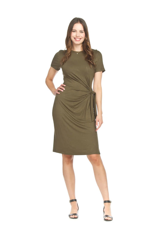 Knotted Front Detail Olive Stretch Jersey Short Sleeve Dress