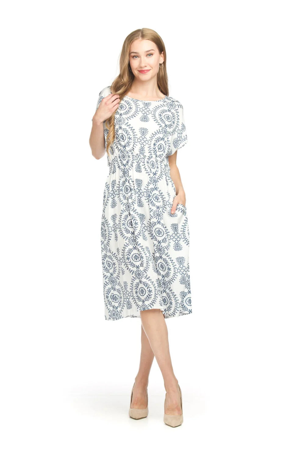 Blue Smocked Waist Short Sleeve Floral Dress