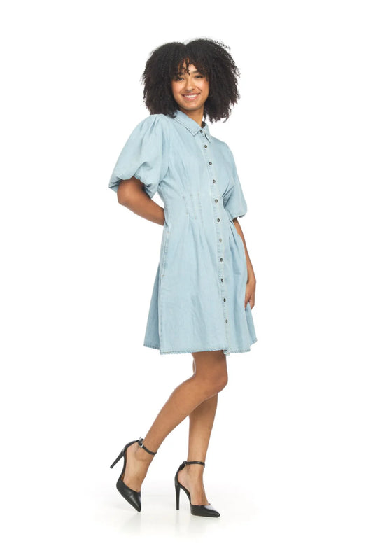 Light Denim Puff Sleeves Pleated Button Front Dress