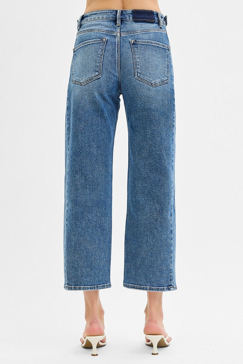 Risen Adjustable Waistband High Rise Crop Length Barrel Jeans