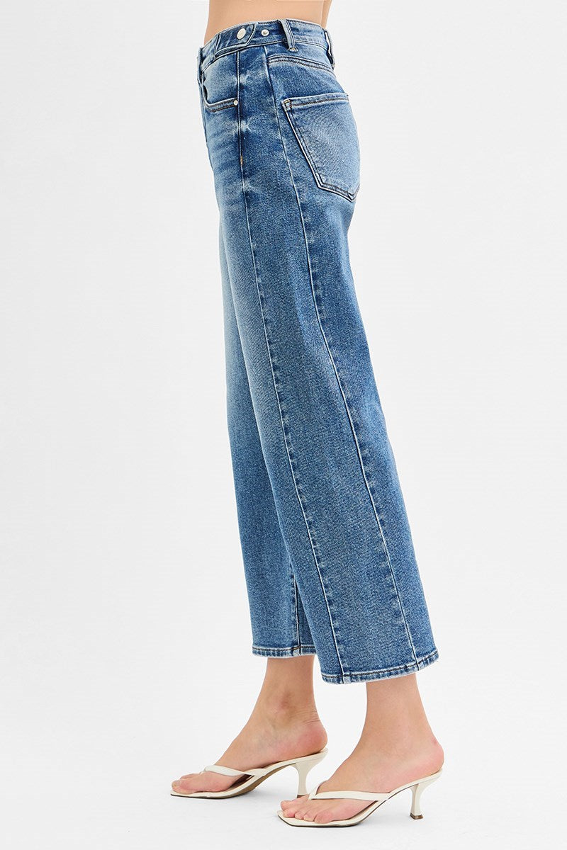 Risen Adjustable Waistband High Rise Crop Length Barrel Jeans