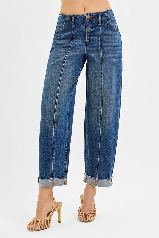 Risen Front Seam Detail High Rise Barrel Jeans