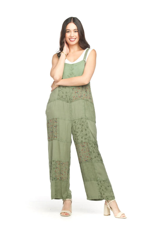 Sage Embroidered Patchwork Overalls