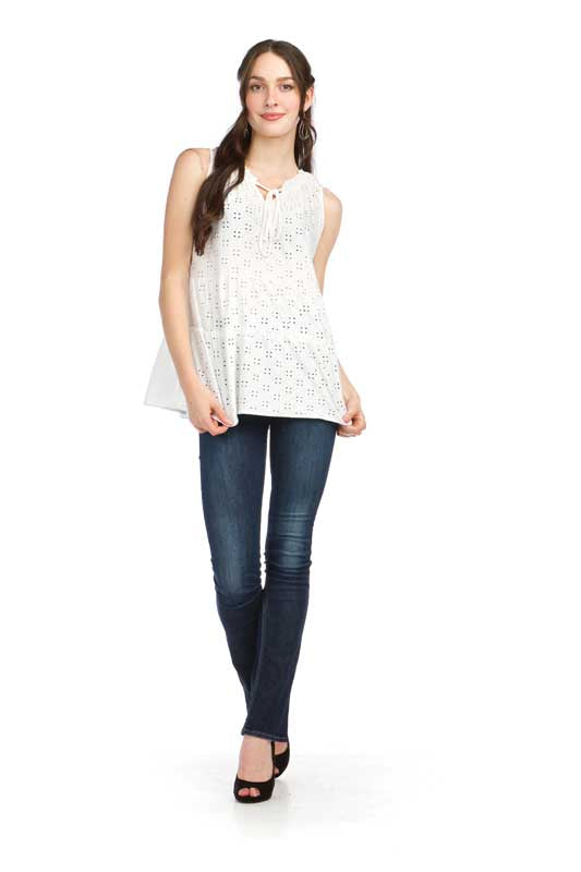 Tiered Stretch Eyelet Sleeveless Top
