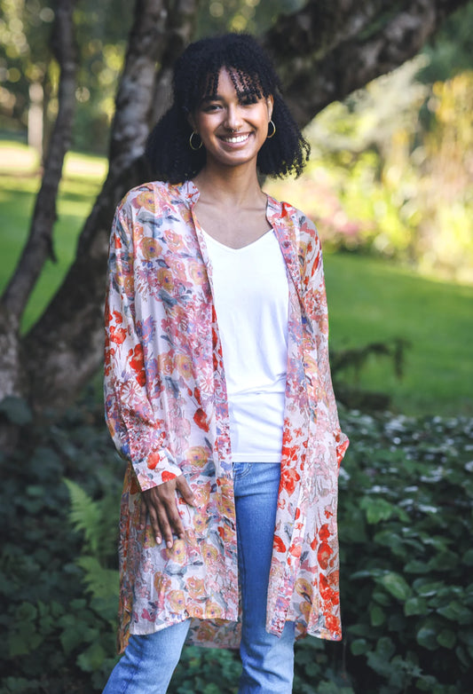 Floral button front tunic with tab sleeves