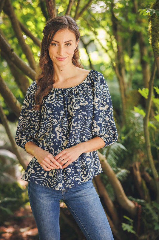 Navy Floral Blouse with Elastic cuffs