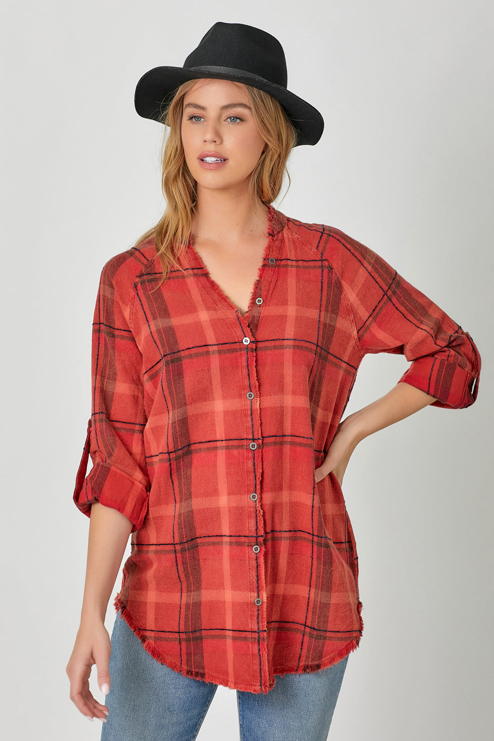 Playful Plaid Washed Fray Bottom Shirt Pizzazz Beloit