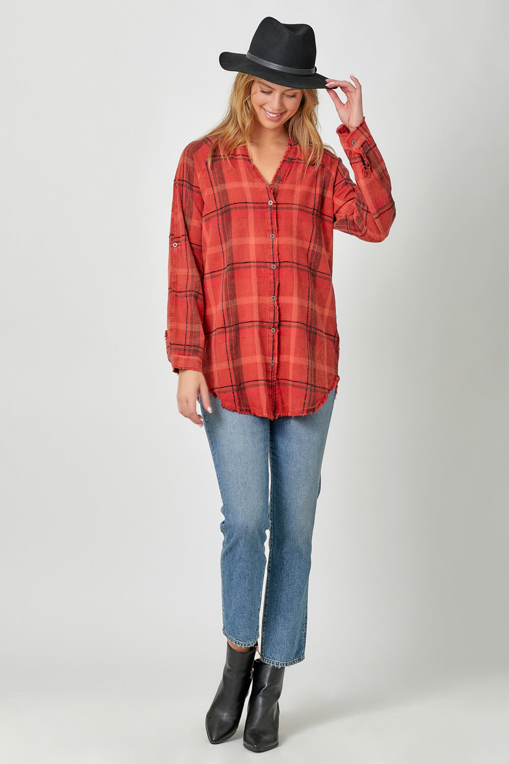 Playful Plaid Washed Fray Bottom Shirt Pizzazz Beloit