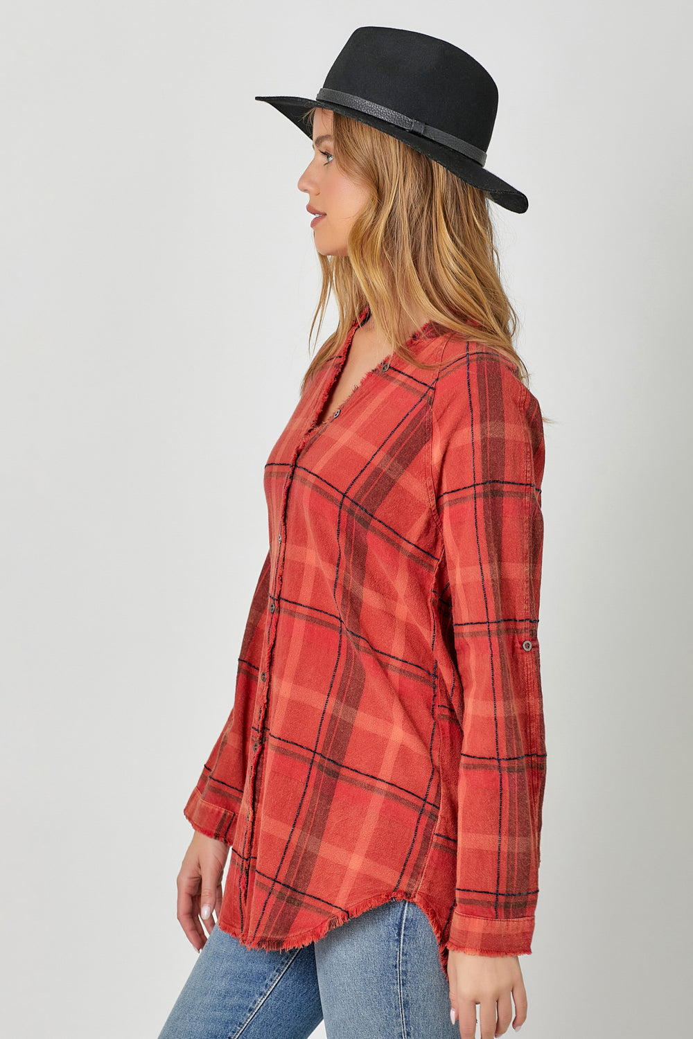 Playful Plaid Washed Fray Bottom Shirt Pizzazz Beloit