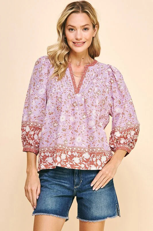 Pinch Boho Lavender Border Print Top Pizzazz Beloit