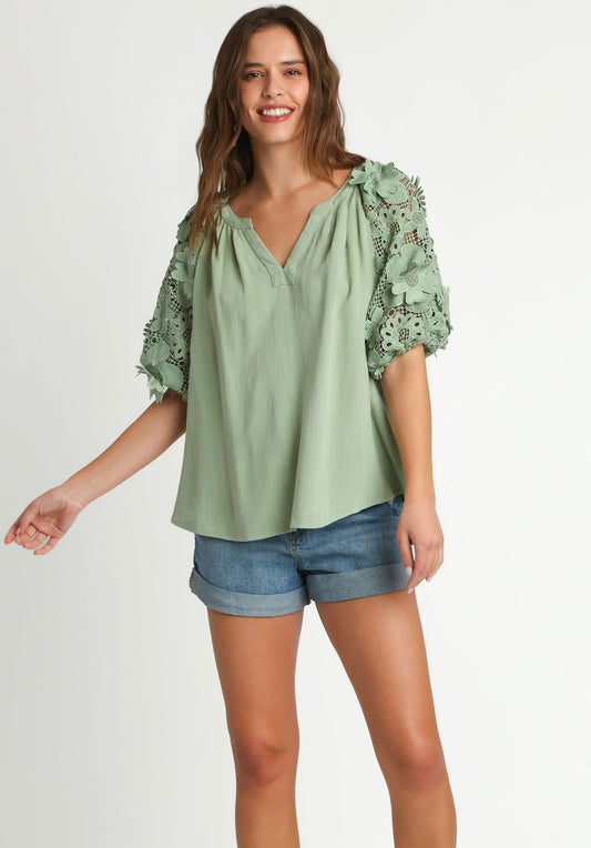 3D Linen Blend Floral Lace Puff Sleeves Top