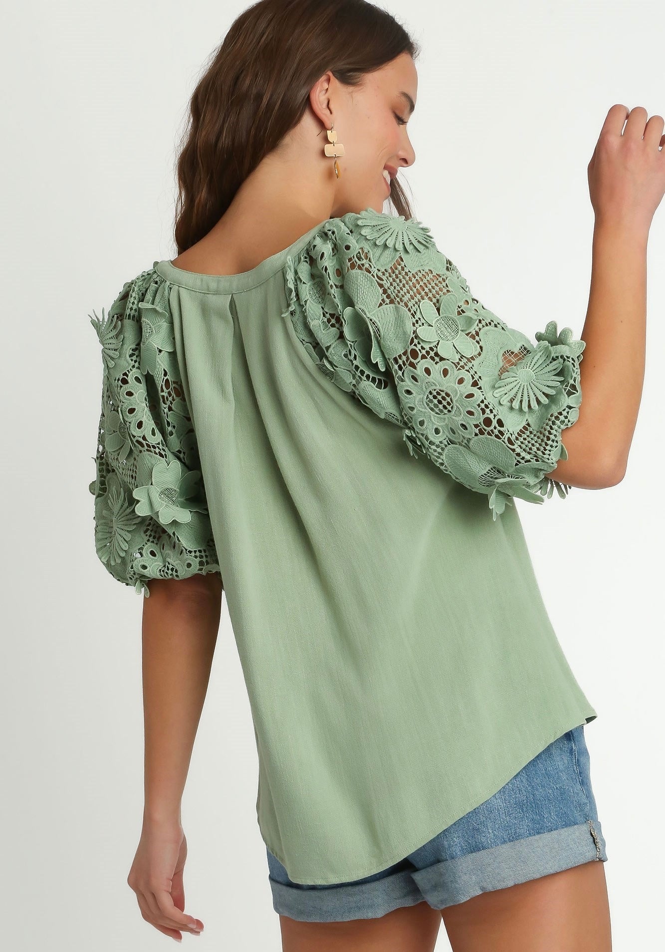 3D Linen Blend Floral Lace Puff Sleeves Top