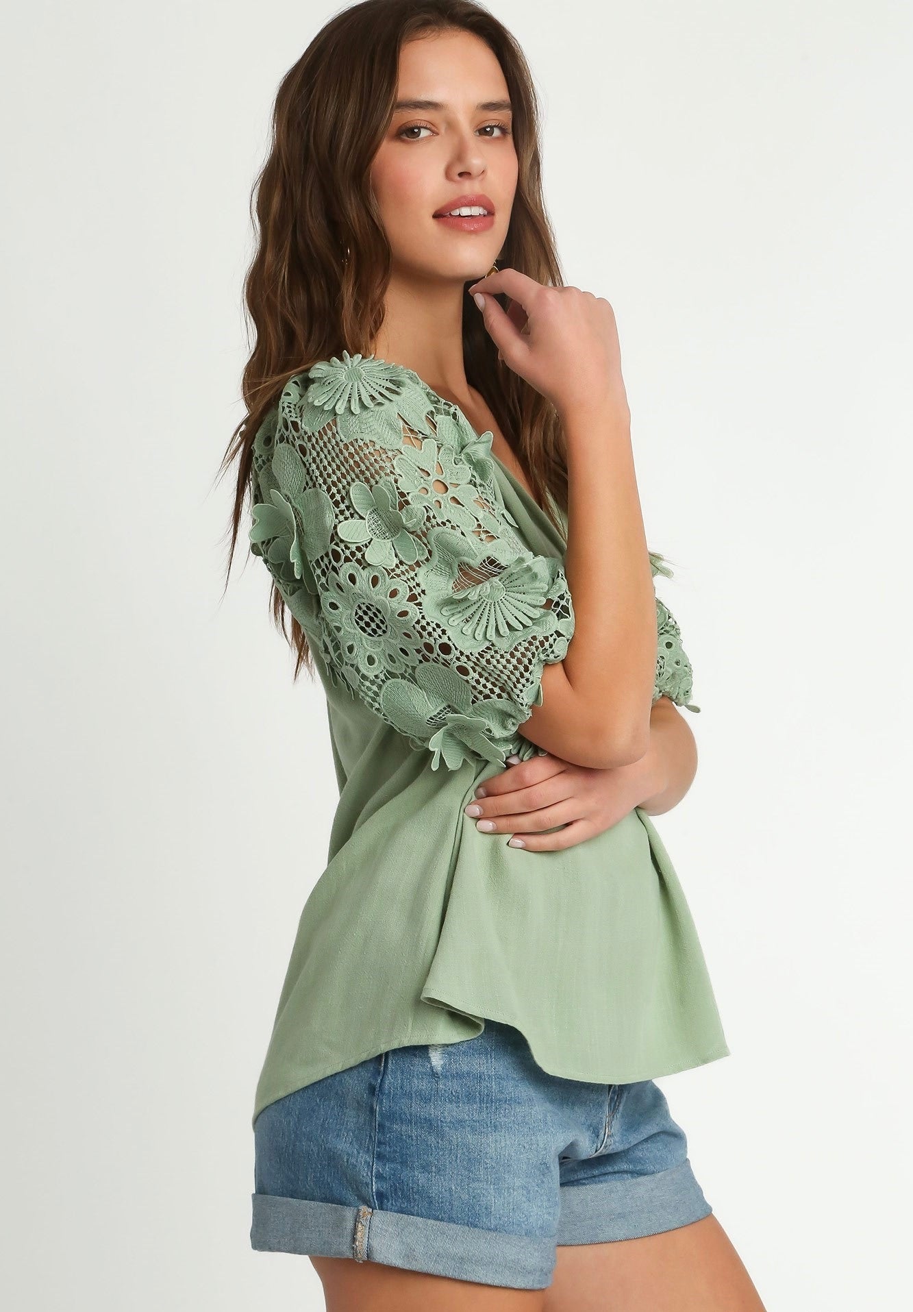 3D Linen Blend Floral Lace Puff Sleeves Top