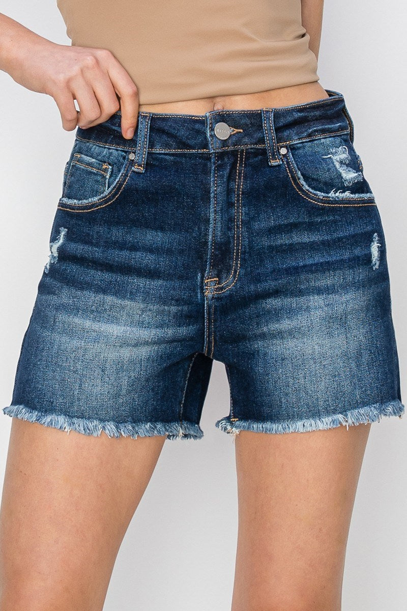 Risen High Rise Distressed Dark Wash Shorts