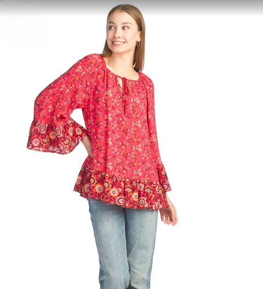 Red Floral Bell Sleeve Blouse