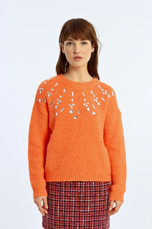 Rhinestone Accent Collar Sweater Pizzazz Beloit