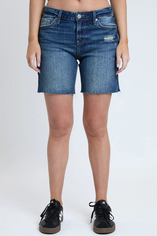 Dark Wash Mid Rise Raw Hem Shorts