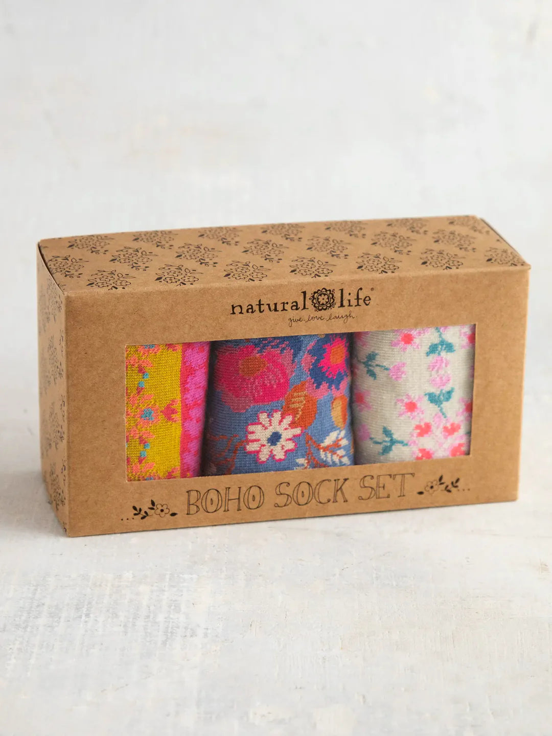 Cream Borders Boxed Boho Sock Set, Set of 3