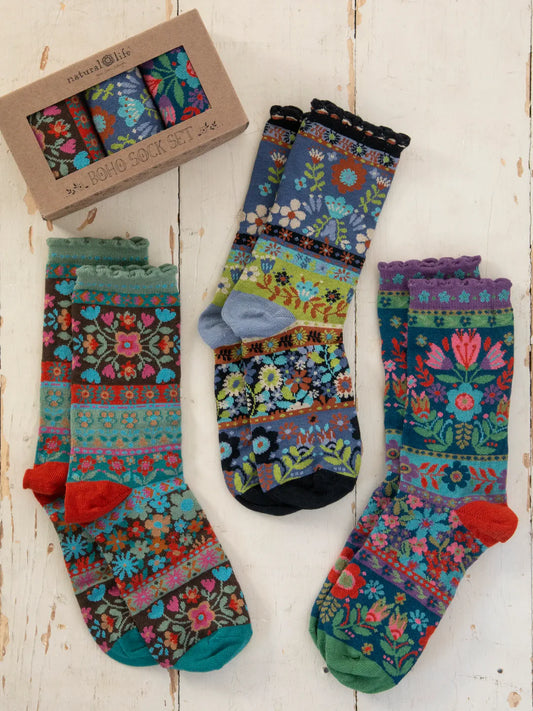 Natural Life Blue Floral Boxed Boho Sock Set, Set of 3