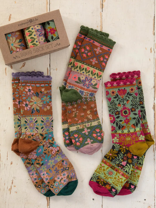 Natural Life Neutral Floral Boxed Boho Sock Set, Set of