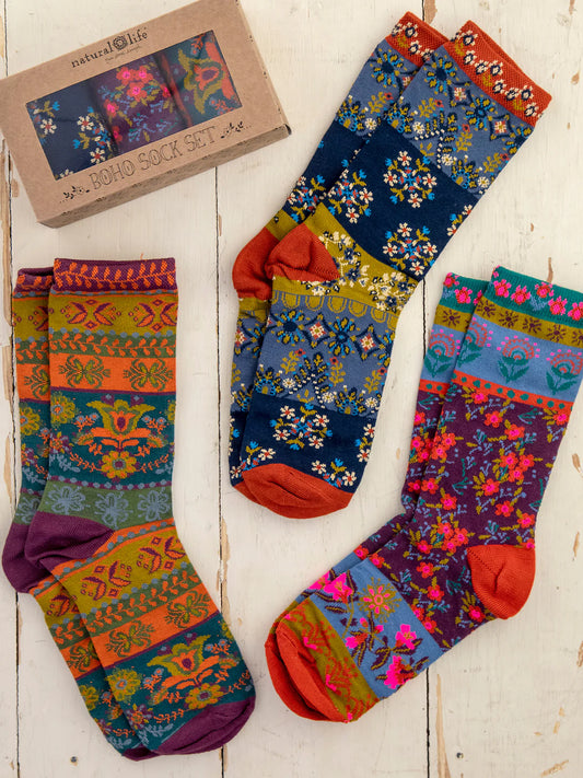 Natural Life Plum Floral Boxed Boho Sock Set, Set of 3