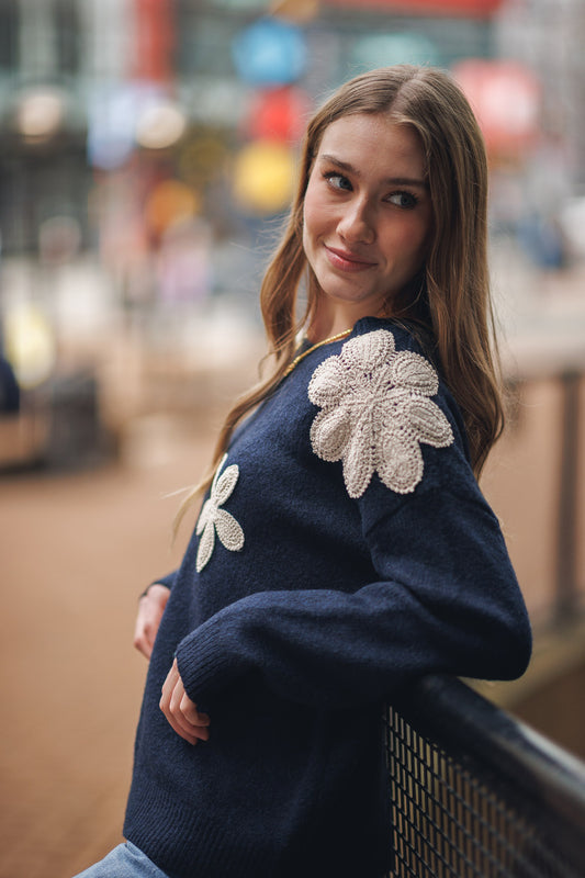 Midnight Blooms Crochet Sweater