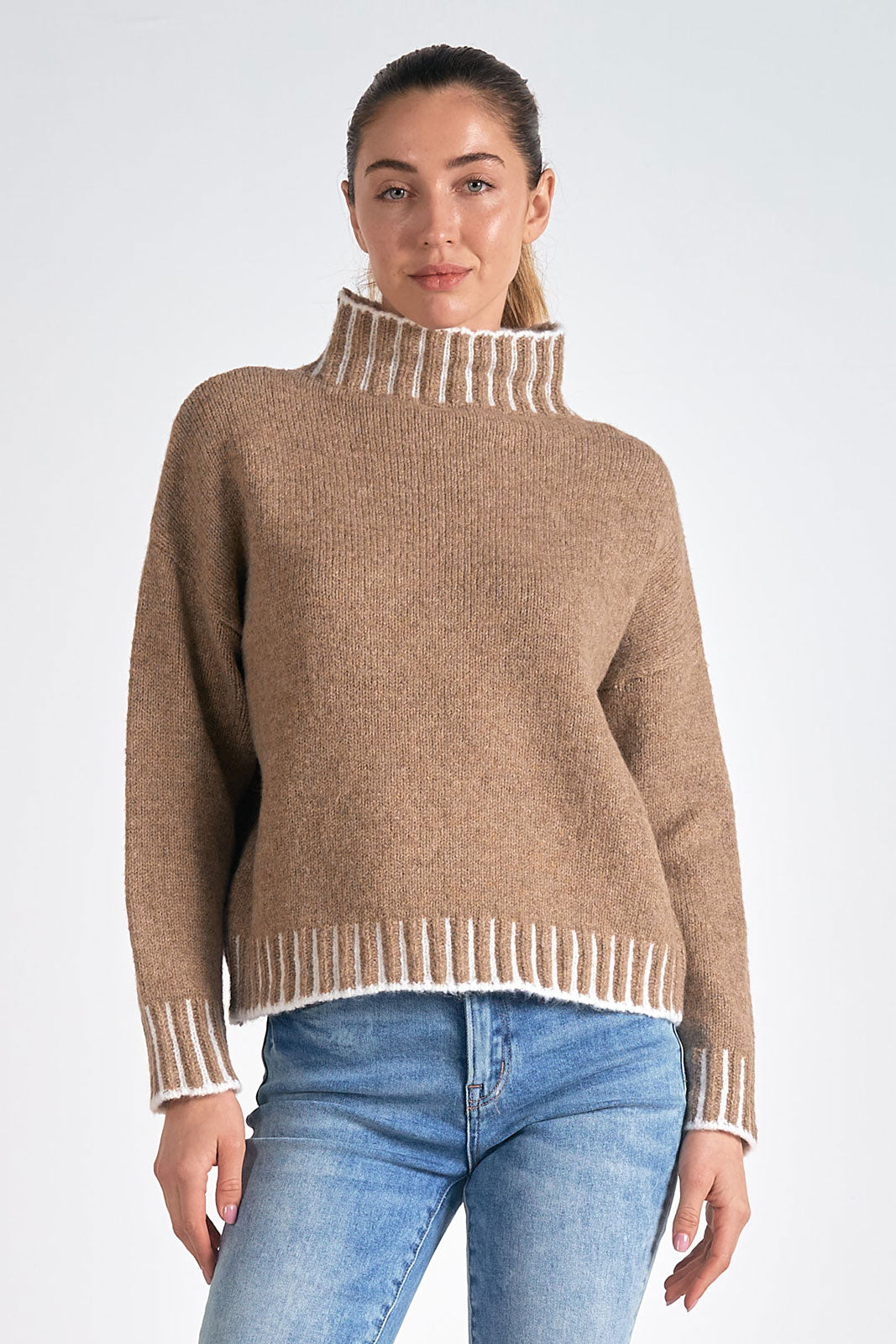 Chunky Striped Detail Hem Turtleneck Sweater