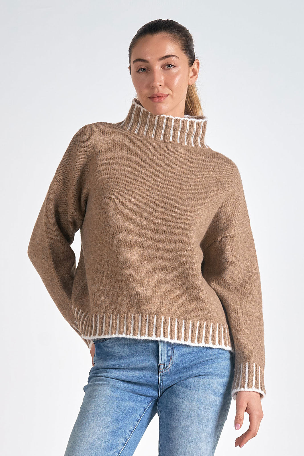 Chunky Striped Detail Hem Turtleneck Sweater