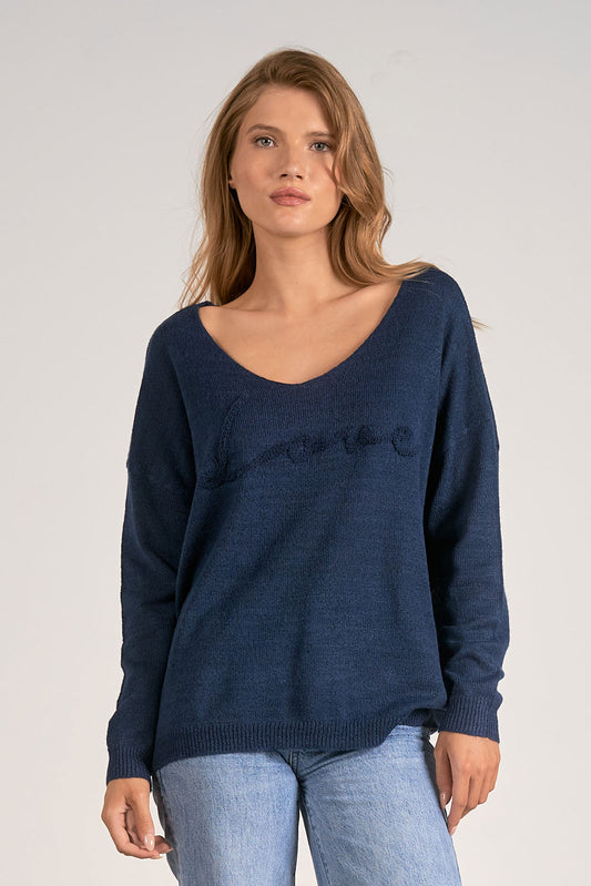 Love Print Navy V-Neck Sweater