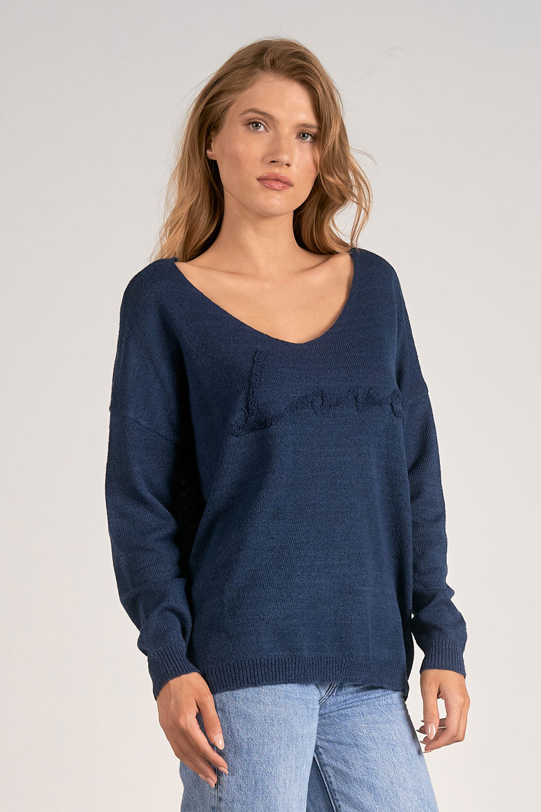 Love Print Navy V-Neck Sweater