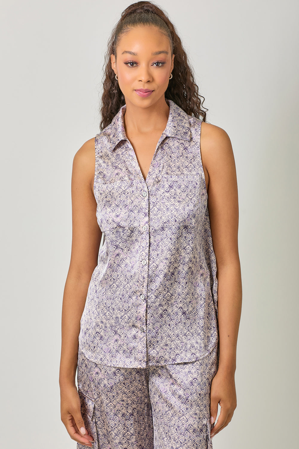 Silky Violet Sleeveless Button Down Shirt Alt View Pizzazz Beloit