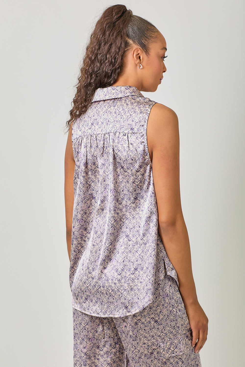Silky Violet Sleeveless Button Down Shirt Back View Pizzazz Beloit