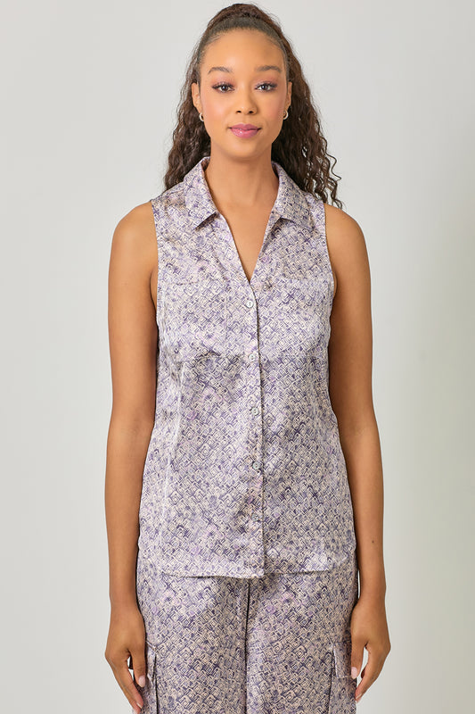 Silky Violet Sleeveless Button Down Shirt Pizzazz Beloit