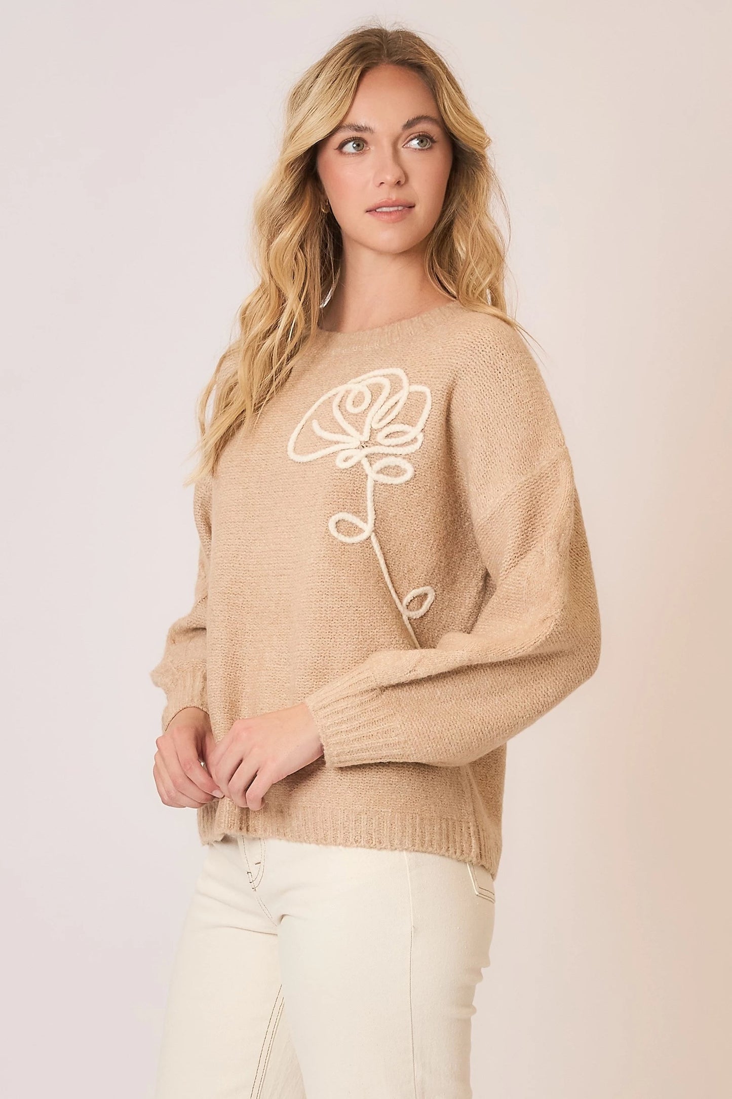 Soft Brushed Embroidered Flower Knit Sweater Pizzazz Beloit