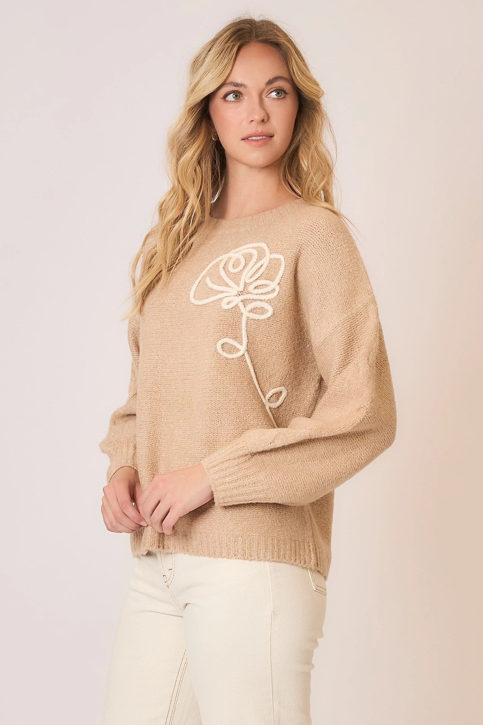 Soft Brushed Embroidered Flower Knit Sweater Pizzazz Beloit