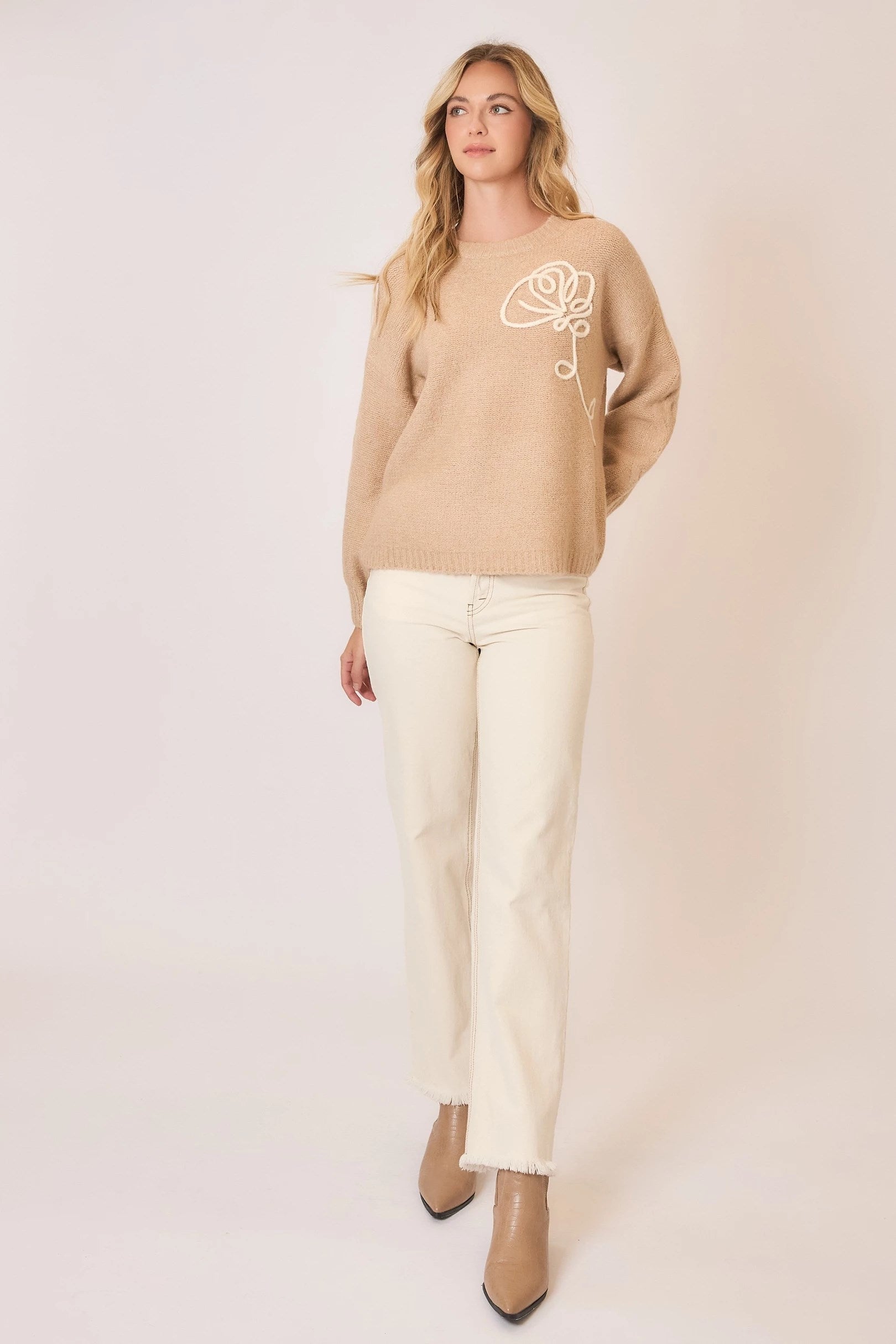 Soft Brushed Embroidered Flower Knit Sweater Pizzazz Beloit