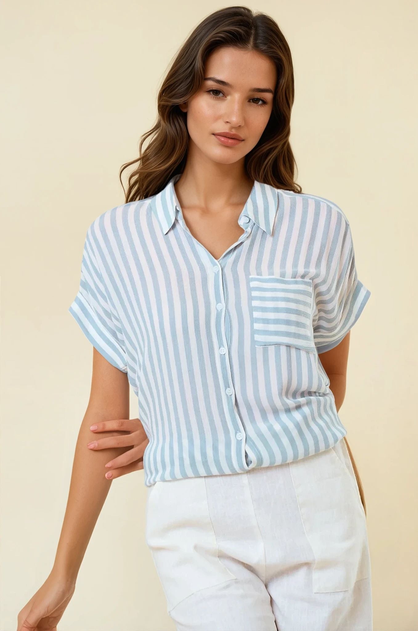  Striped Short Sleeve Button Down Shirt Alt View Pizzazz Beloit