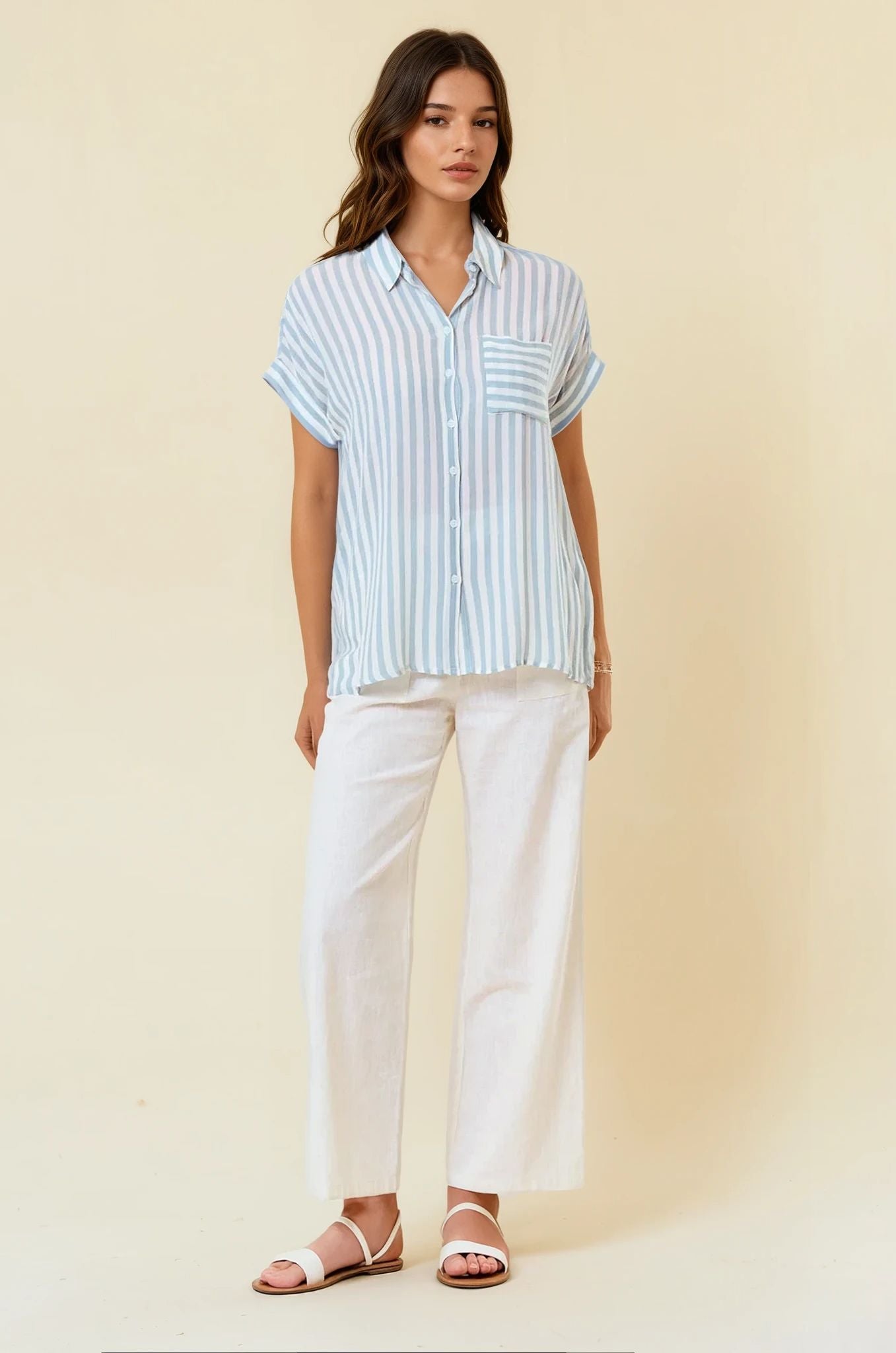  Striped Short Sleeve Button Down Shirt Full View Pizzazz Beloit