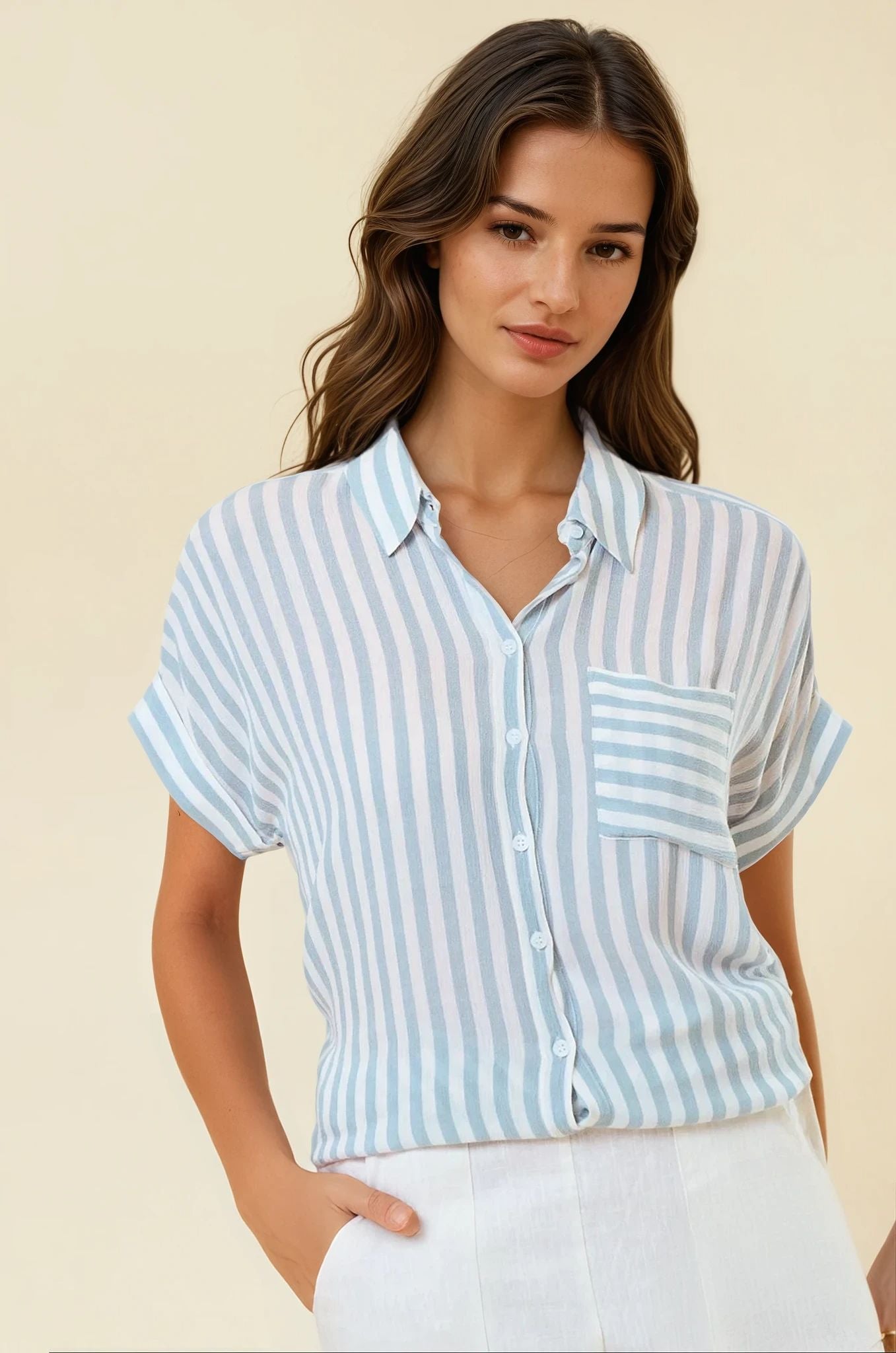  Striped Short Sleeve Button Down Shirt  Pizzazz Beloit
