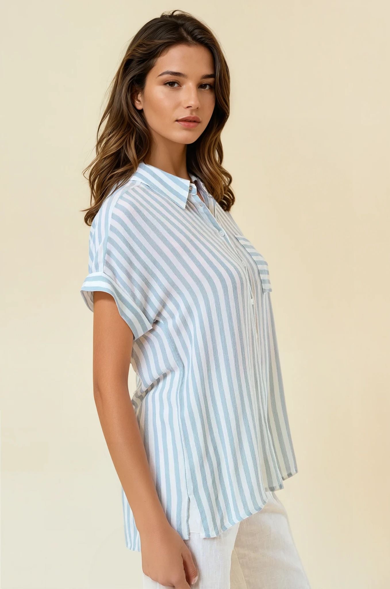  Striped Short Sleeve Button Down Shirt Side View Pizzazz Beloit