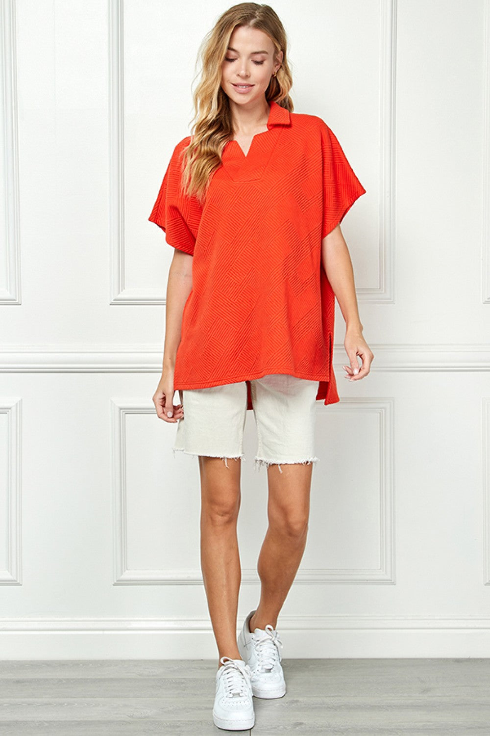 Notch Collar Textured Drop Shoulder Top